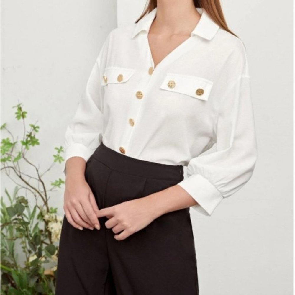 Collared Gold Button Blouse White